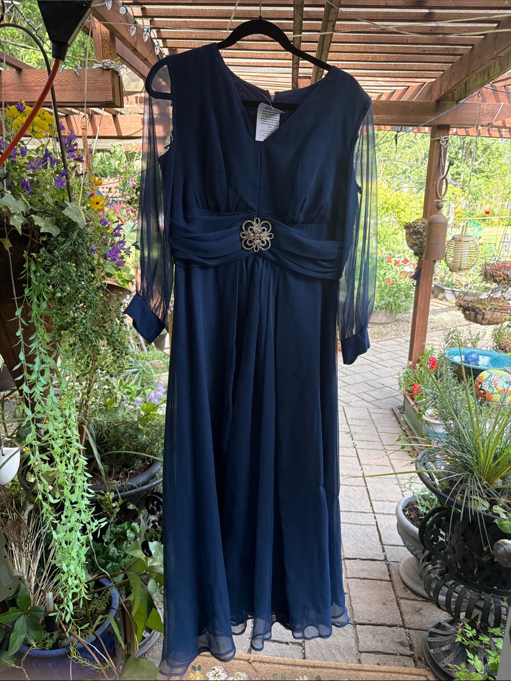 Vintage 50âs bespoke Elegant Navy Chiffon Evening Dress with Sheer Sleeves bg212